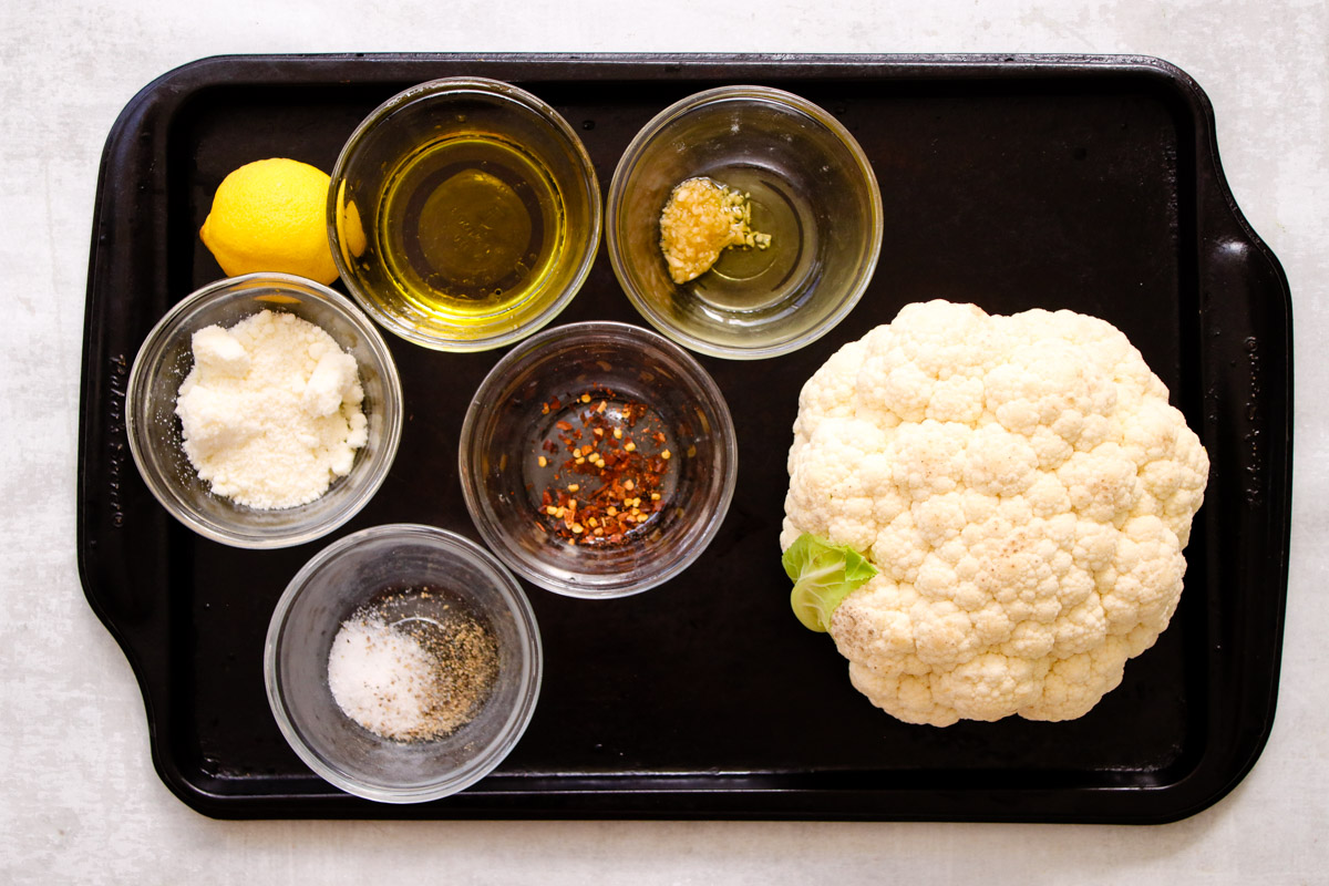 overhead image of making oven roasted cauliflower. 