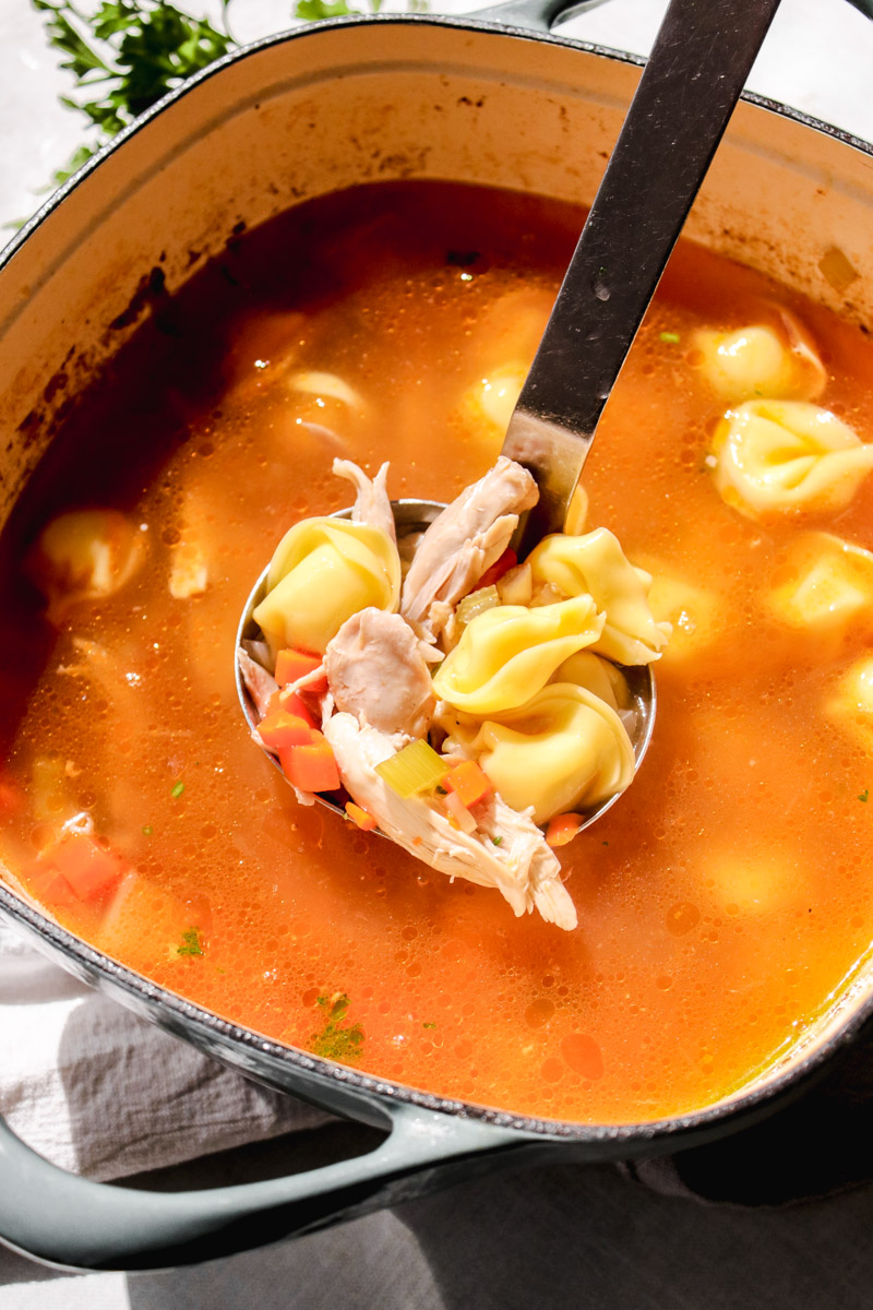 close-up image of a ladle with chicken tortellini soup. 