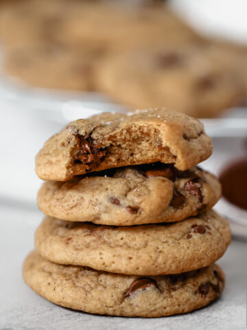 Closeup image of espresso chocolate chip cookies.