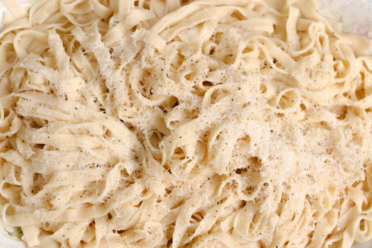 closeup of fettuccine Alfredo.