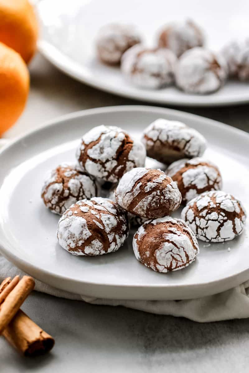 close up image of Italian chocolate spice cookies on a white plate. 