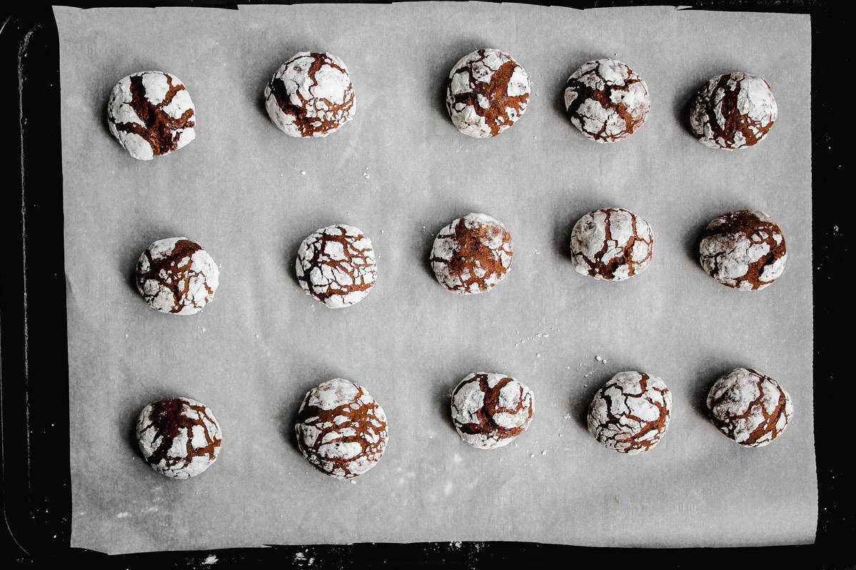 overhead image of tetu cookies on a baking tray.