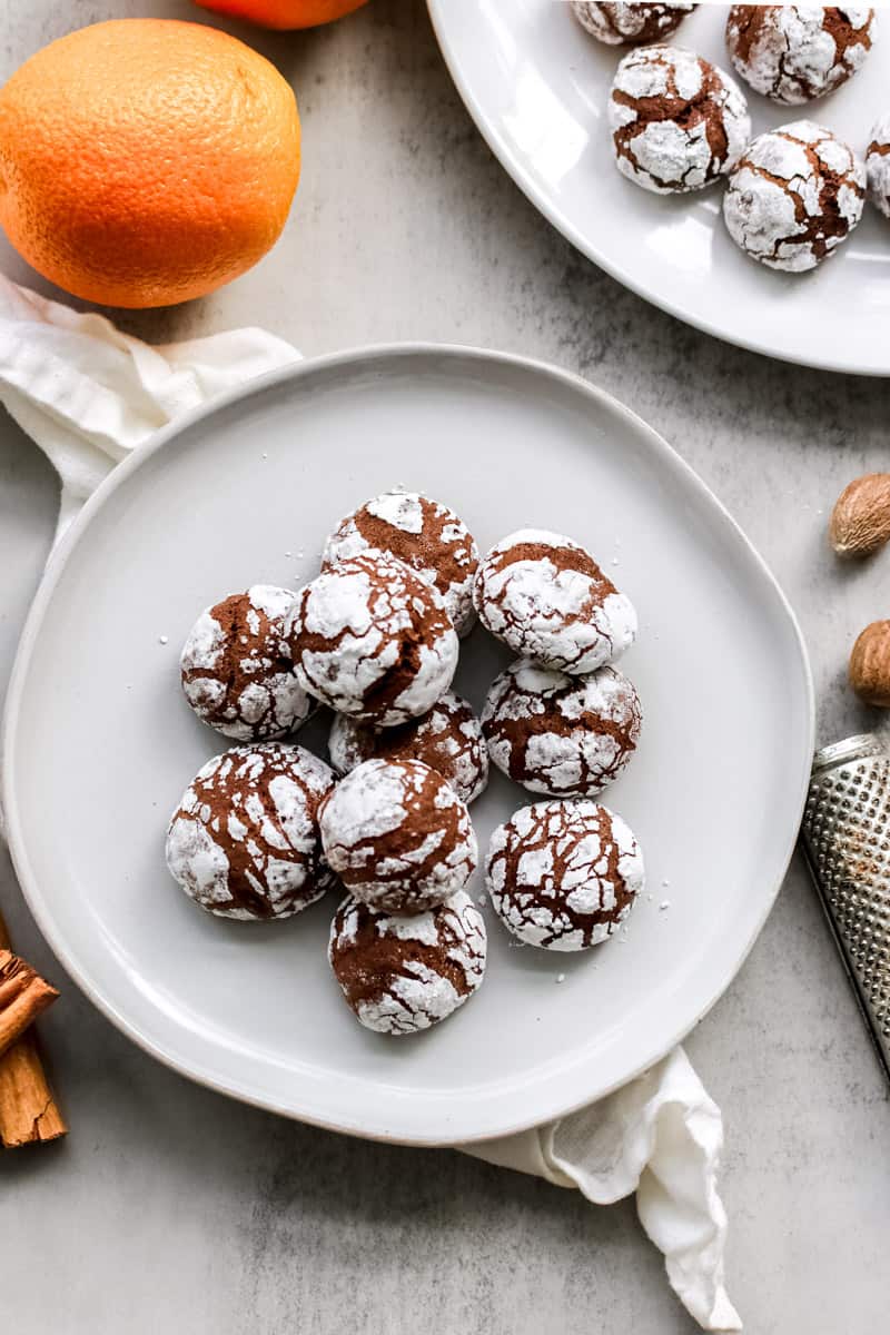 Close up image of Italian chocolate spice cookies on a white plate.