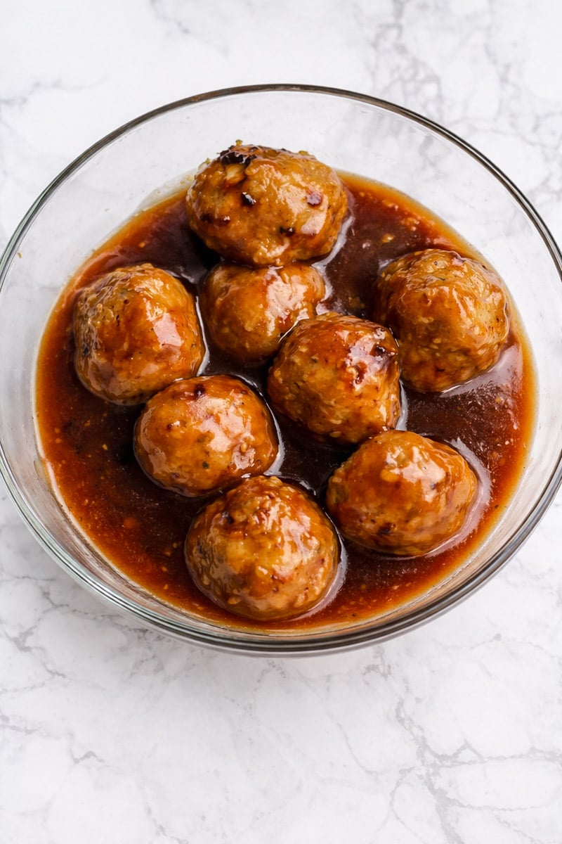 A glass bowl filled with eight Orange Chicken Meatballs glazed in a thick, brown sauce, placed on a white marble surface.