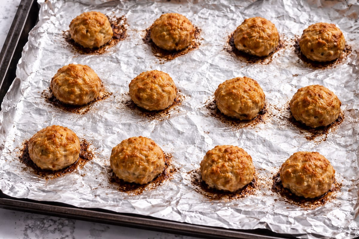 Twelve Orange Chicken Meatballs are evenly spaced on a foil-lined baking sheet. The foil shows baked drippings around each meatball, and the tray rests on a marble surface.
