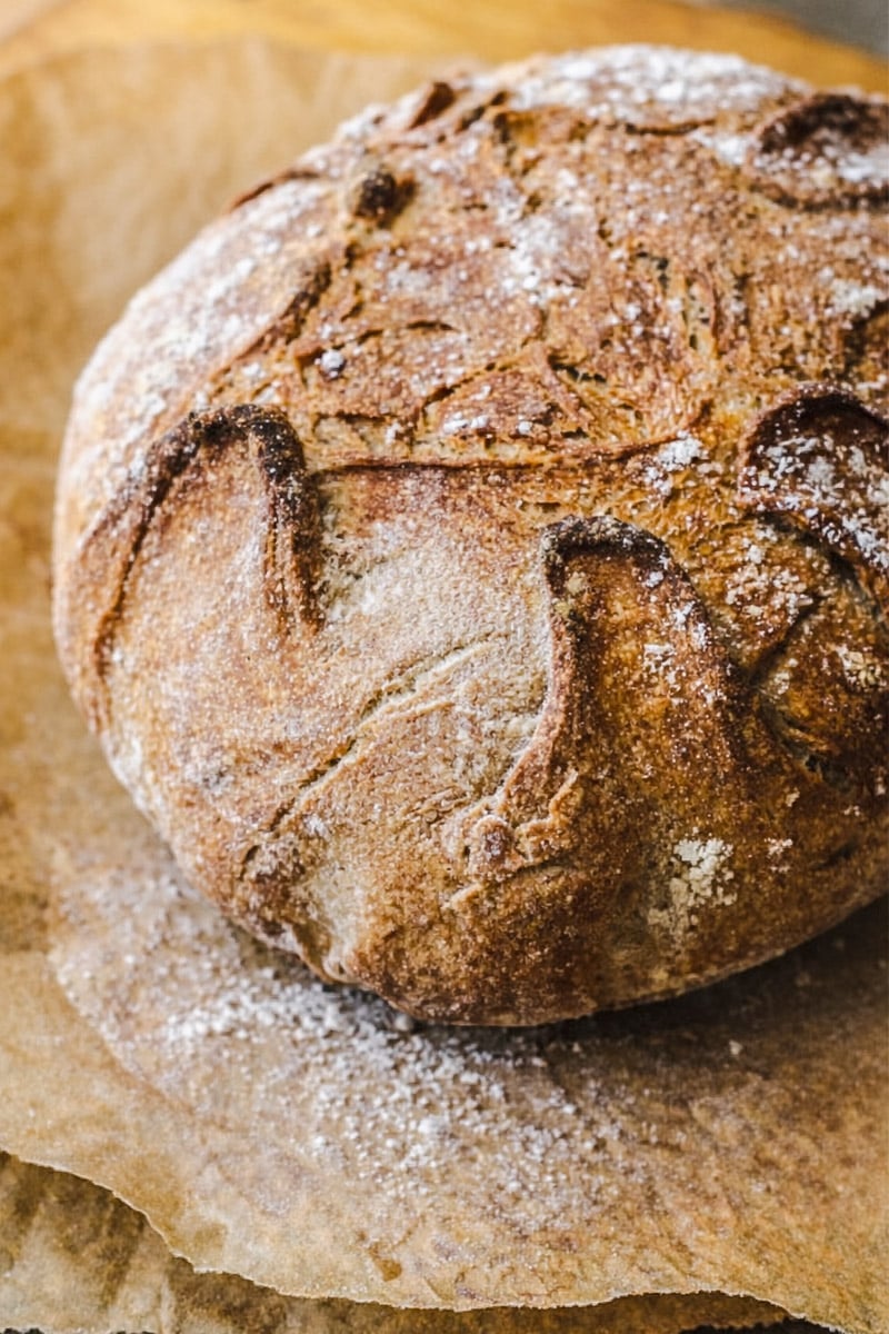 A round, rustic loaf of No Knead Italian Bread with a crisp, golden-brown crust, lightly dusted with flour, sits on brown parchment paper. The bread features a decorative, swirled scoring pattern on top.