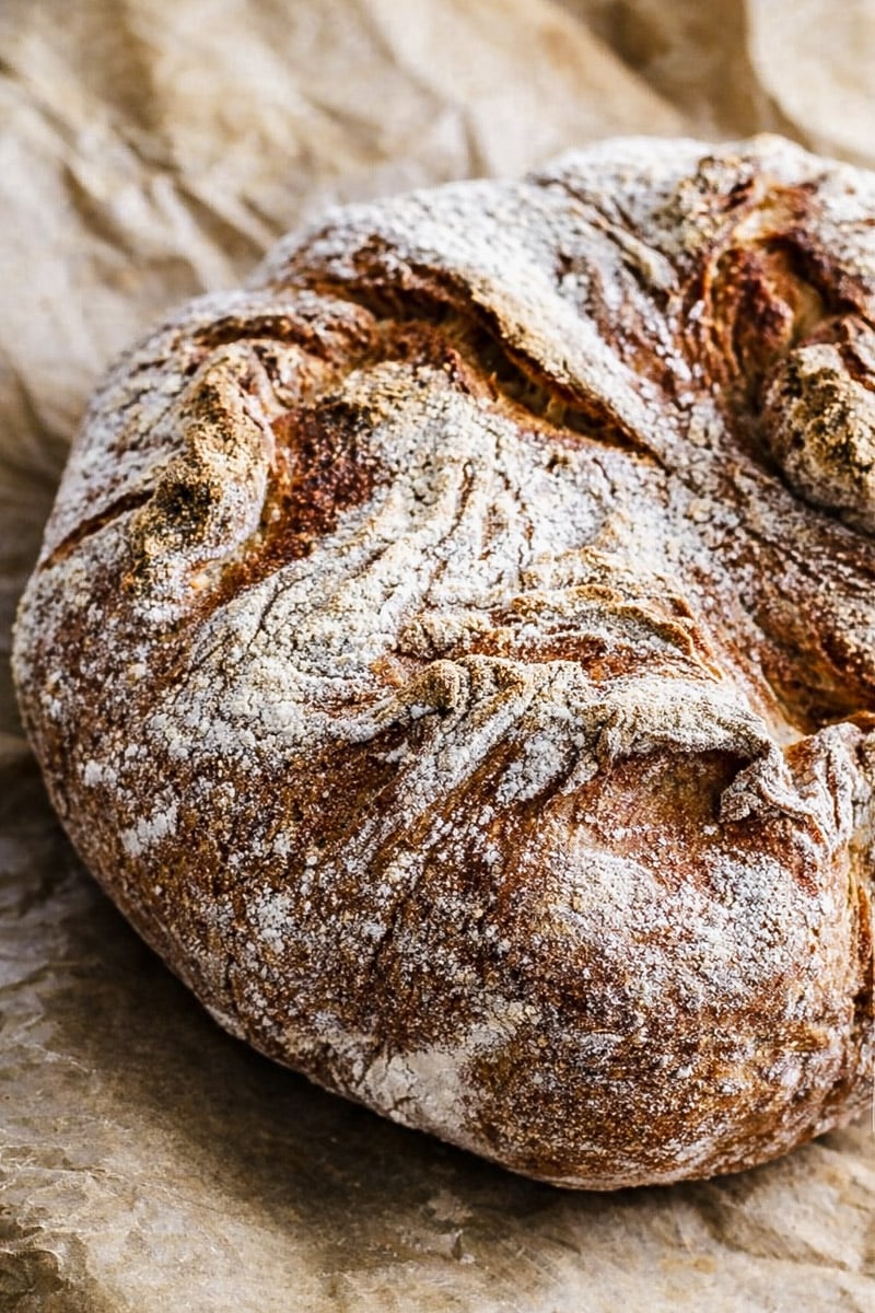 A round loaf of No Knead Italian Bread, rustic and crusty with a golden-brown, flour-dusted surface, rests on crumpled parchment paper.