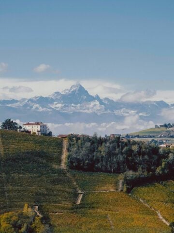 A scenic landscape with rolling green vineyards in the foreground, a cluster of buildings on a hill, and snow-capped mountains towering in the background under a clear blue sky—perfect for discovering the best time to visit Piedmont Italy.