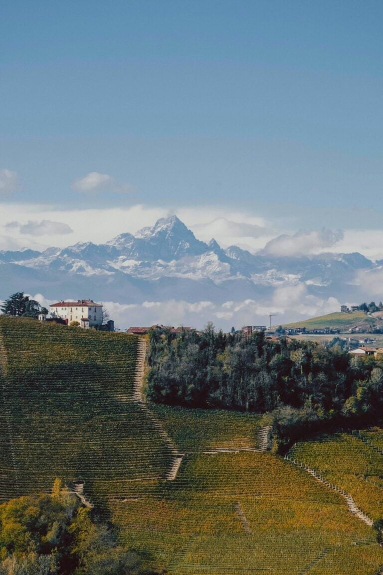 A scenic landscape with rolling green vineyards in the foreground, a cluster of buildings on a hill, and snow-capped mountains towering in the background under a clear blue sky—perfect for discovering the best time to visit Piedmont Italy.