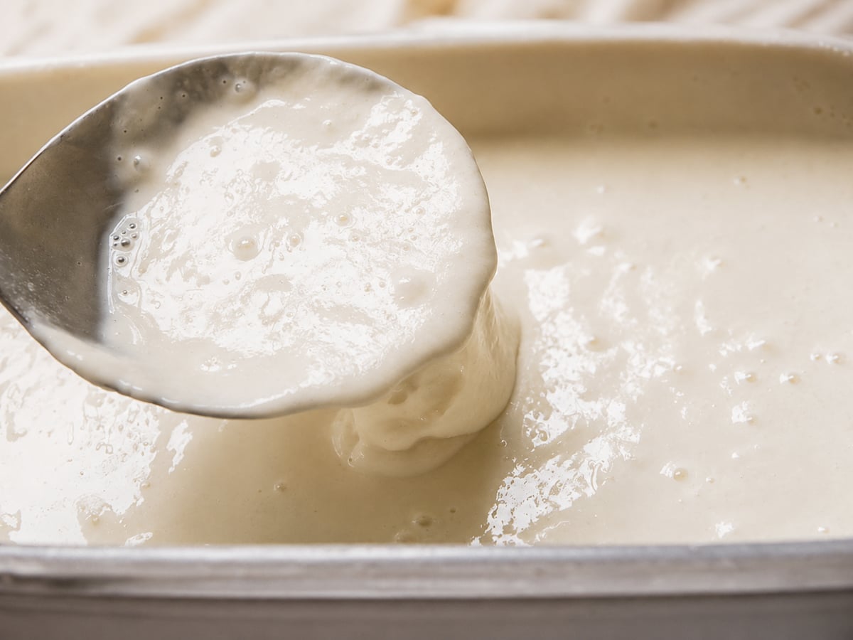A metal spoon scoops up thick, creamy white batter from a rectangular container—its smooth and glossy texture hints at the perfect sourdough starter recipe in progress.