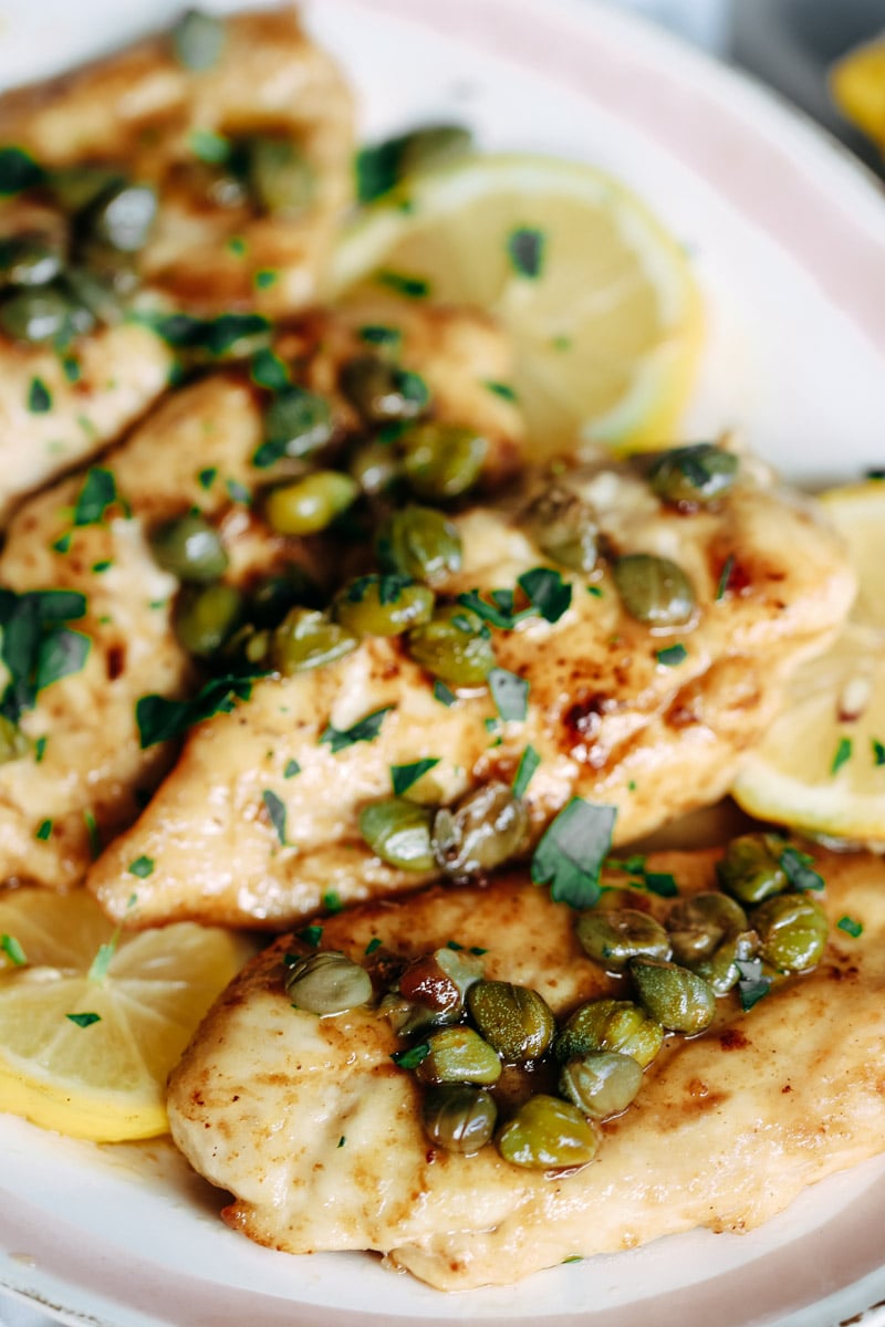 close-up image of chicken piccata.