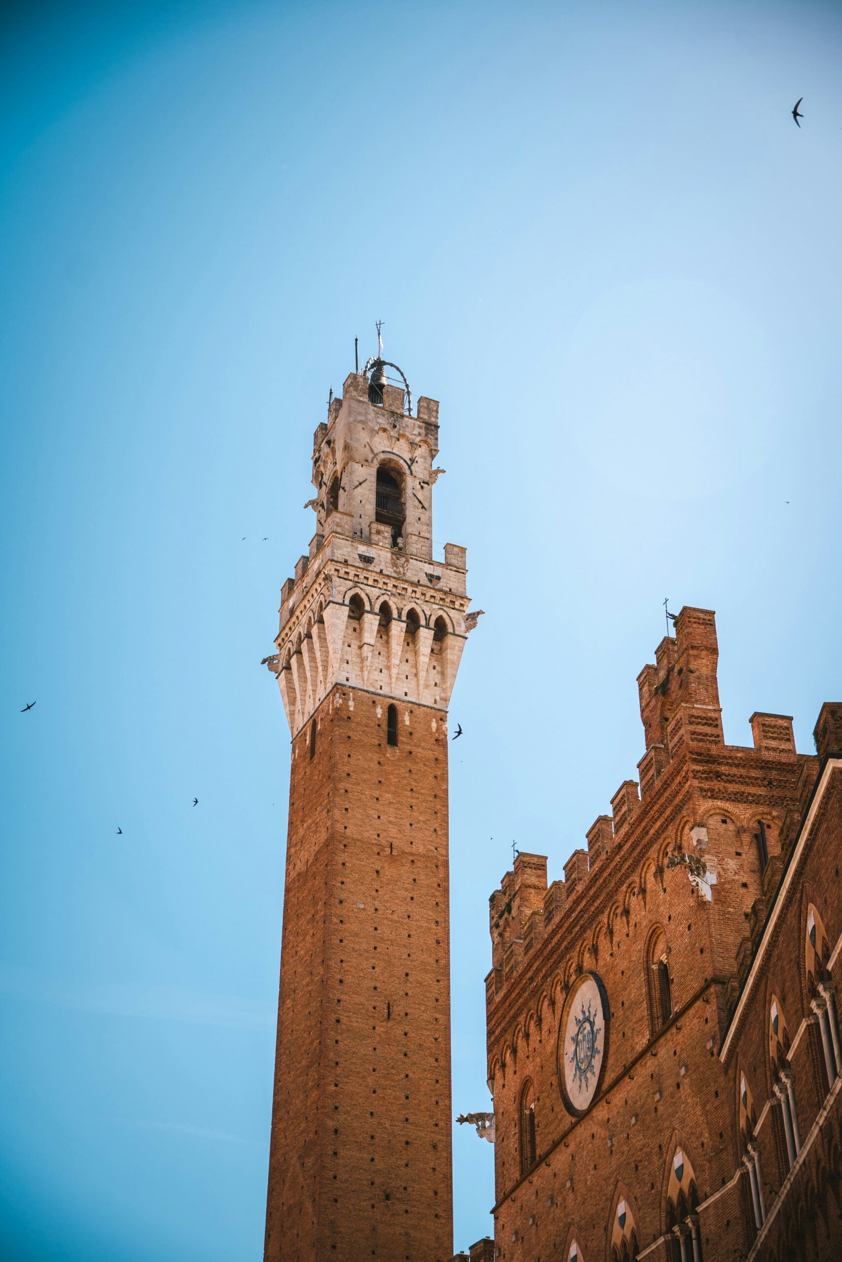 A striking view looking up at a medieval tower in Siena, Italy. The photograph captures the imposing structure of the Torre del Mangia, with its intricate stonework and historical significance. The blue sky provides a stunning contrast to the weathered bricks, emphasizing the tower's grandeur and timeless presence in the heart of Siena, Italy. This image highlights the rich architectural heritage of this charming Tuscan city.