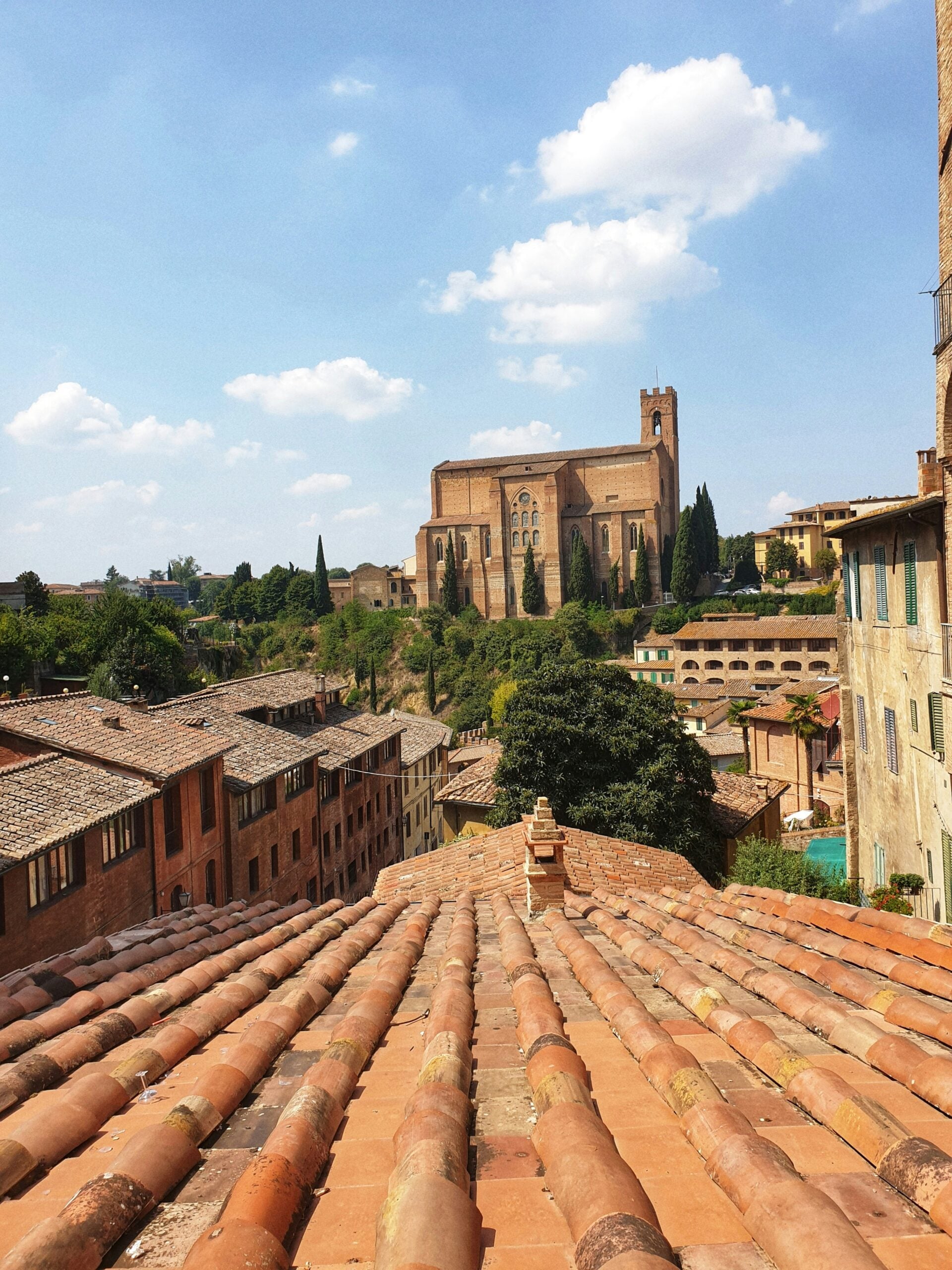 A captivating view of the red-tiled roofs in Siena, Italy. The photograph showcases the characteristic terracotta rooftops of the historic buildings, creating a sea of warm, earthy tones. The maze of narrow streets and alleys winds through the ancient architecture, with glimpses of Siena's iconic landmarks, such as the Torre del Mangia and the Siena Cathedral, rising in the background. This scenic perspective highlights the charming and timeless beauty of Siena, Italy, inviting viewers to explore its rich cultural heritage.
