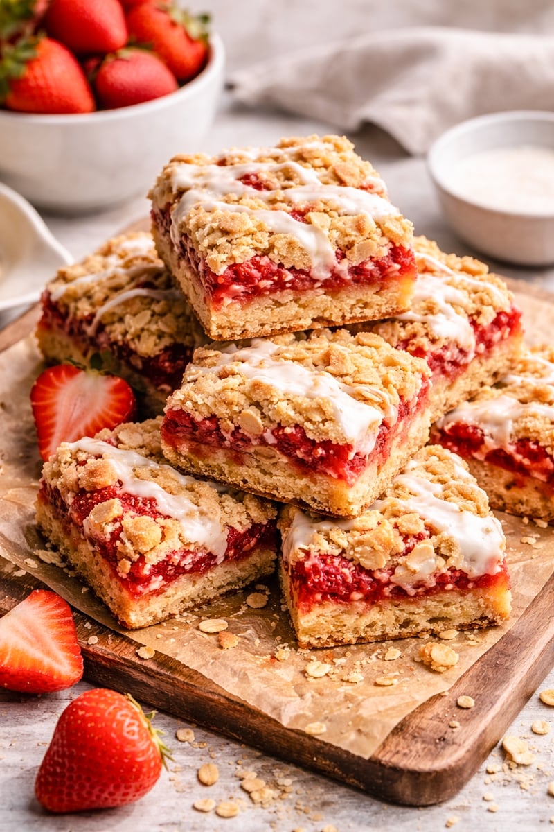 A stack of Strawberry Crumble Bars with a crumbly topping and white icing drizzle sits on parchment paper, surrounded by fresh strawberries and bowls of ingredients in the background.