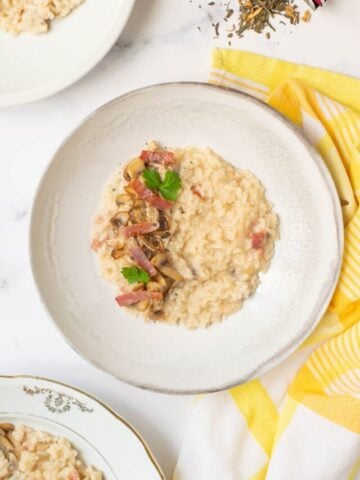close up shot of a risotto on a white plate
