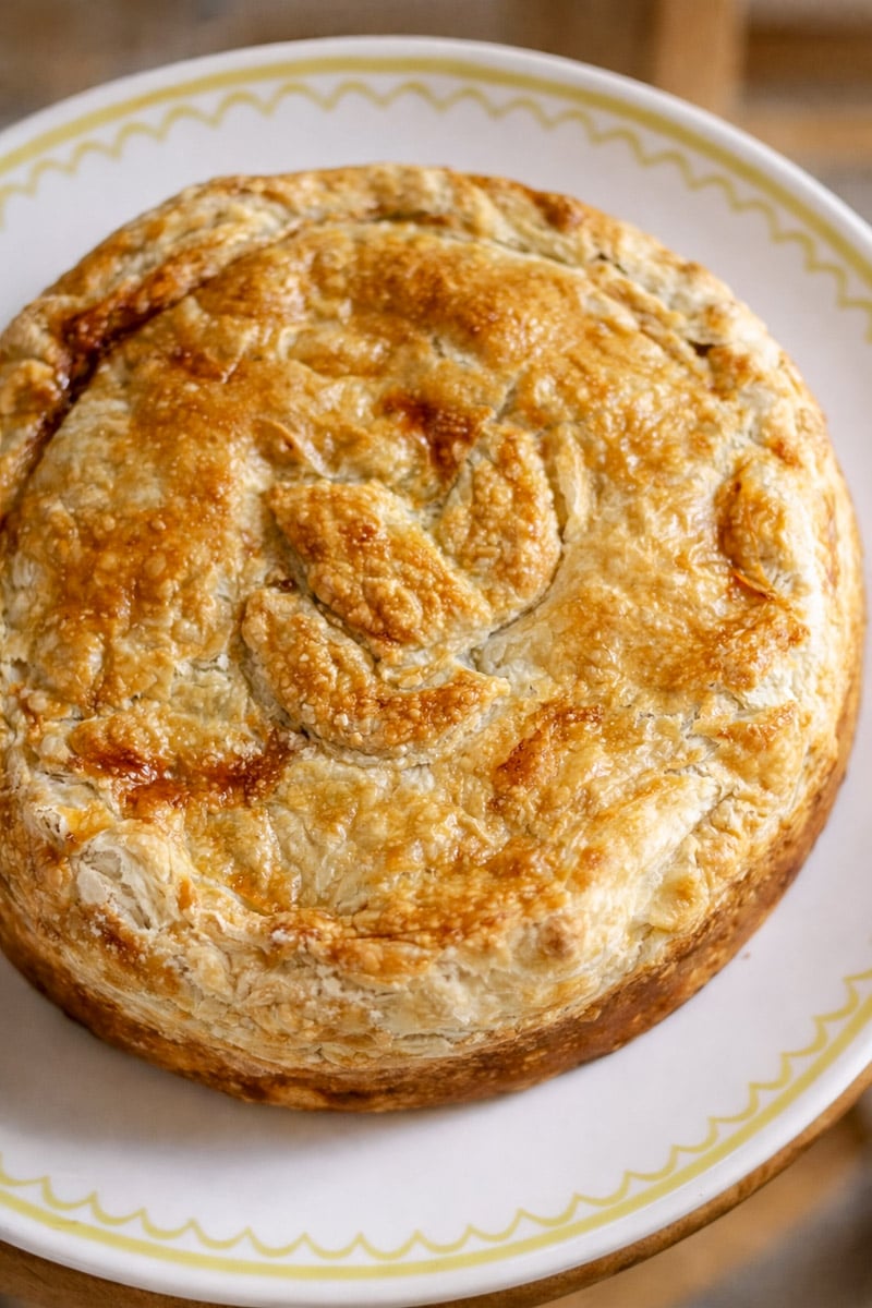 A golden-brown, round torta pasqualina with a flaky crust sits on a white plate with a yellow patterned border. The crust features delicate leaf-shaped decorations on top.