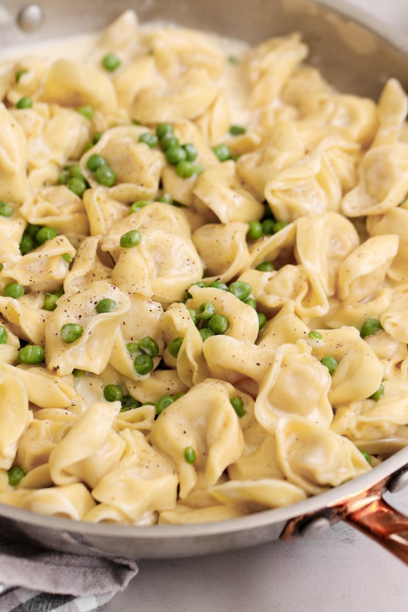 close up image of tortellini alla panna.