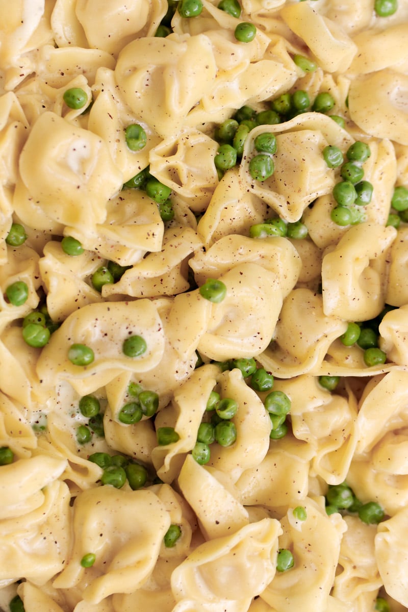 close up image of tortellini alla panna with peas.