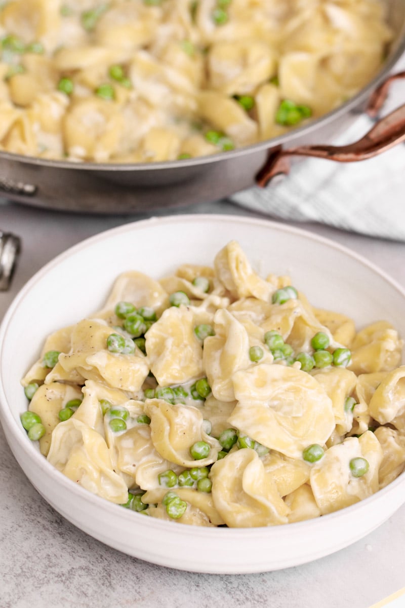 close up image of tortellini alla panna.