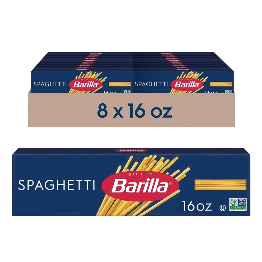 A high-quality photograph of Barilla Spaghetti Pasta, featuring a 16 oz. box, with a clean, white background. The image showcases a pack of 8 boxes, clearly displaying the Barilla logo and product information. This image is perfect for those searching for "What to serve with spaghetti," emphasizing the versatility and quality of Barilla Spaghetti Pasta. Ideal for food bloggers, recipe creators, and anyone looking to enhance their content with a visually appealing and popular pasta option.
