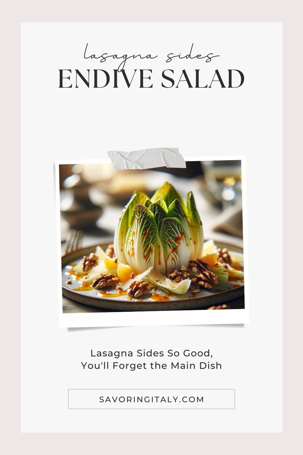 A vibrant photograph of an Endive Salad, beautifully presented on a white plate. The salad features crisp, fresh endive leaves, elegantly arranged and topped with a mix of colorful ingredients. Thinly sliced apples, crumbled blue cheese, and toasted walnuts add texture and flavor, while a light vinaigrette dressing glistens over the salad, enhancing its appeal. Garnished with a sprinkle of fresh herbs, the salad is set on a rustic wooden table, with a background of fresh endives and a small bowl of dressing. This dish is a perfect example of one of the best lasagna sides, offering a refreshing and crunchy complement to the main course.