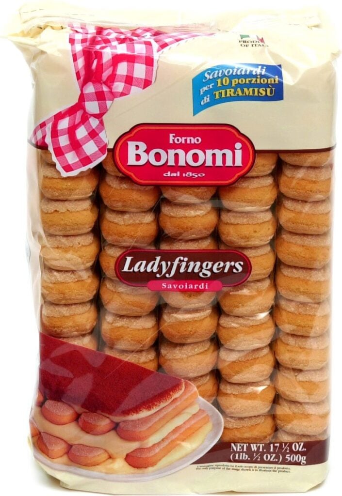 An image of the bag of Forno Bonomi Savoiardi Ladyfingers, in their iconic red and white packaging. The bag prominently features the long, spongy ladyfingers (savoiardi, in Italian), typical of the traditional Italian brand. For food lovers who want to taste the Italian cookie brands in their original form, especially to make tiramisù.