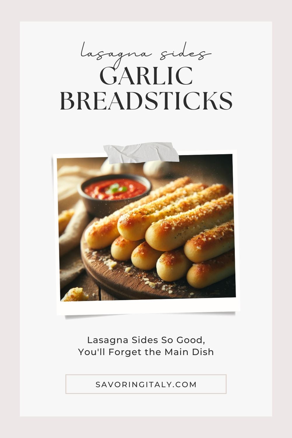A mouthwatering photograph of Garlic Breadsticks, arranged in a rustic bread basket lined with a white napkin. Each breadstick is golden brown with a perfectly crisp exterior, sprinkled generously with garlic, parsley, and a light dusting of Parmesan cheese. The buttery glaze adds a mouthwatering shine, enhancing their appetizing appearance. The basket is set on a wooden table, surrounded by fresh garlic cloves and parsley sprigs, emphasizing the fresh ingredients. This image captures the essence of one of the best lasagna sides, showcasing the savory and aromatic appeal of these delicious garlic breadsticks.