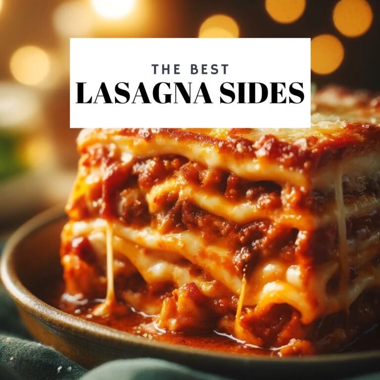 A high-resolution photograph of a slice of hot lasagna, freshly served on a white ceramic plate. The lasagna features layers of perfectly cooked pasta, rich meat sauce, creamy ricotta, and melted mozzarella cheese, with a golden, bubbly top layer. Steam rises from the slice, highlighting its warmth and freshness. The dish is garnished with a sprinkle of freshly chopped basil and a light dusting of Parmesan cheese. The plate is set on a rustic wooden table, with a fork and a linen napkin beside it. This image captures the essence of a comforting and delicious Italian classic, making it a centerpiece that pairs wonderfully with the best lasagna sides.