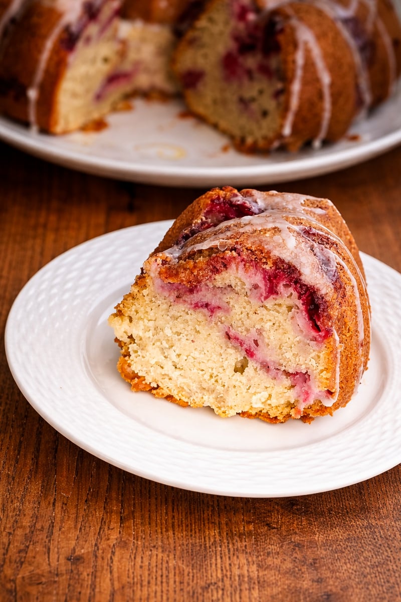 A slice of strawberry bundt cake with a swirl of red berry filling and a light glaze on top, served on a white plate. The rest of the cake is visible in the background on a separate plate.