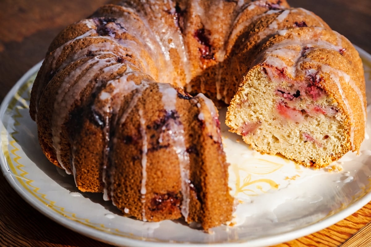 A strawberry bundt cake with a shiny glaze and visible berries sits on a decorative plate, one slice cut and slightly separated to reveal its moist interior and vibrant fruit swirls.