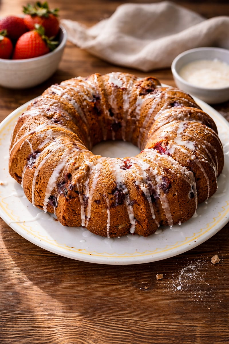 A round strawberry bundt cake with visible pieces of fruit, topped with white icing drizzle, sits on a white plate on a wooden table. Fresh strawberries and a bowl of glaze are in the background.
