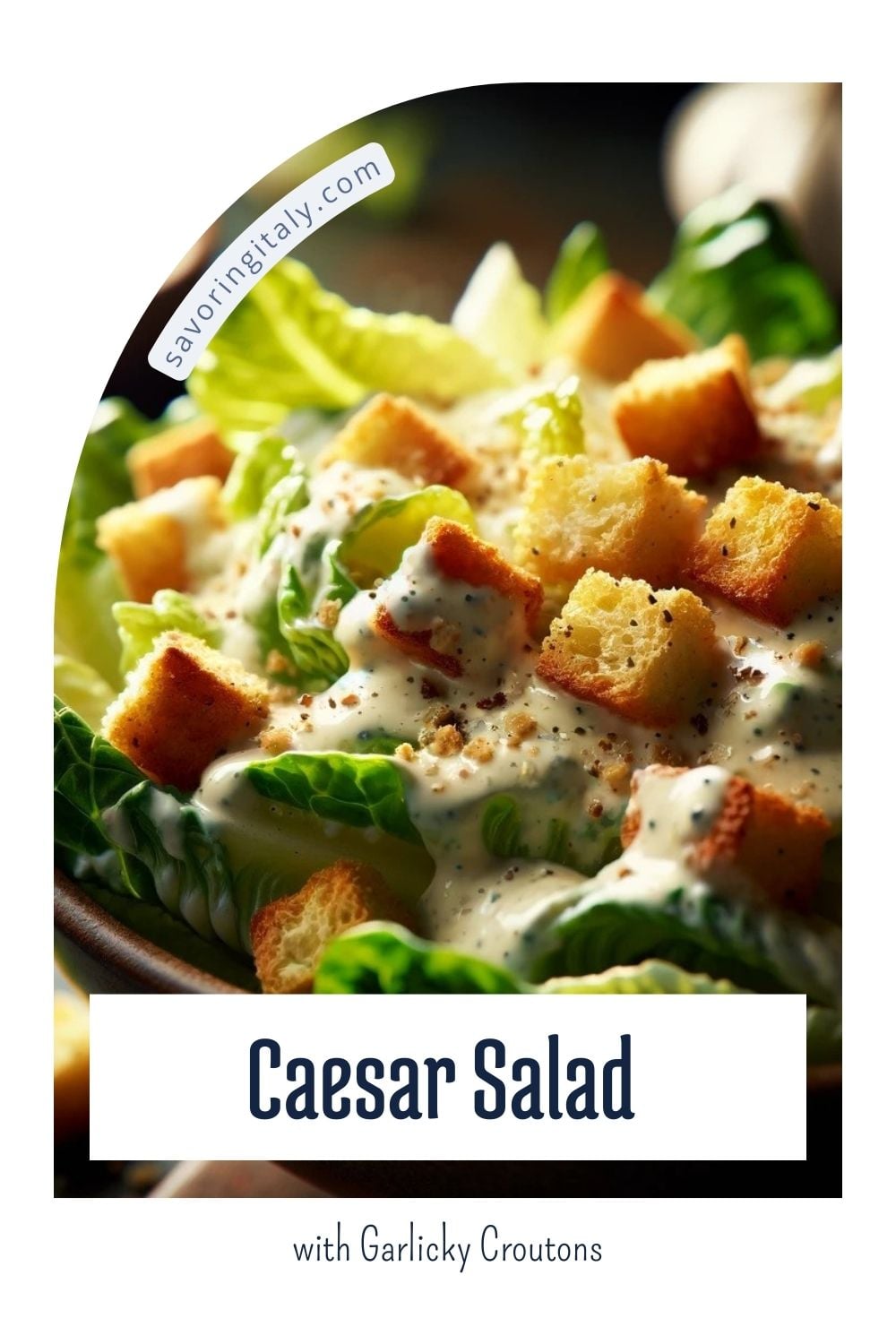A high-resolution photograph of a fresh Caesar salad topped with garlicky croutons, perfect for those searching "What to serve with spaghetti." The crisp Romaine lettuce is generously coated with creamy Caesar dressing, sprinkled with Parmesan cheese, and garnished with golden, crunchy croutons infused with garlic. Set against a clean, white background, this image highlights a classic side dish that pairs beautifully with spaghetti. Ideal for food bloggers, recipe enthusiasts, and anyone looking to enhance their content with a delicious and visually appealing spaghetti side dish.