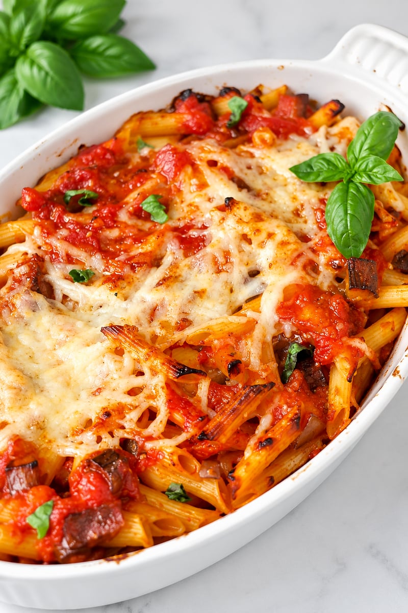 Baked Pasta with Tomatoes and Eggplant, topped with melted cheese, tomato sauce, and fresh basil leaves in a white casserole dish on a marble surface.