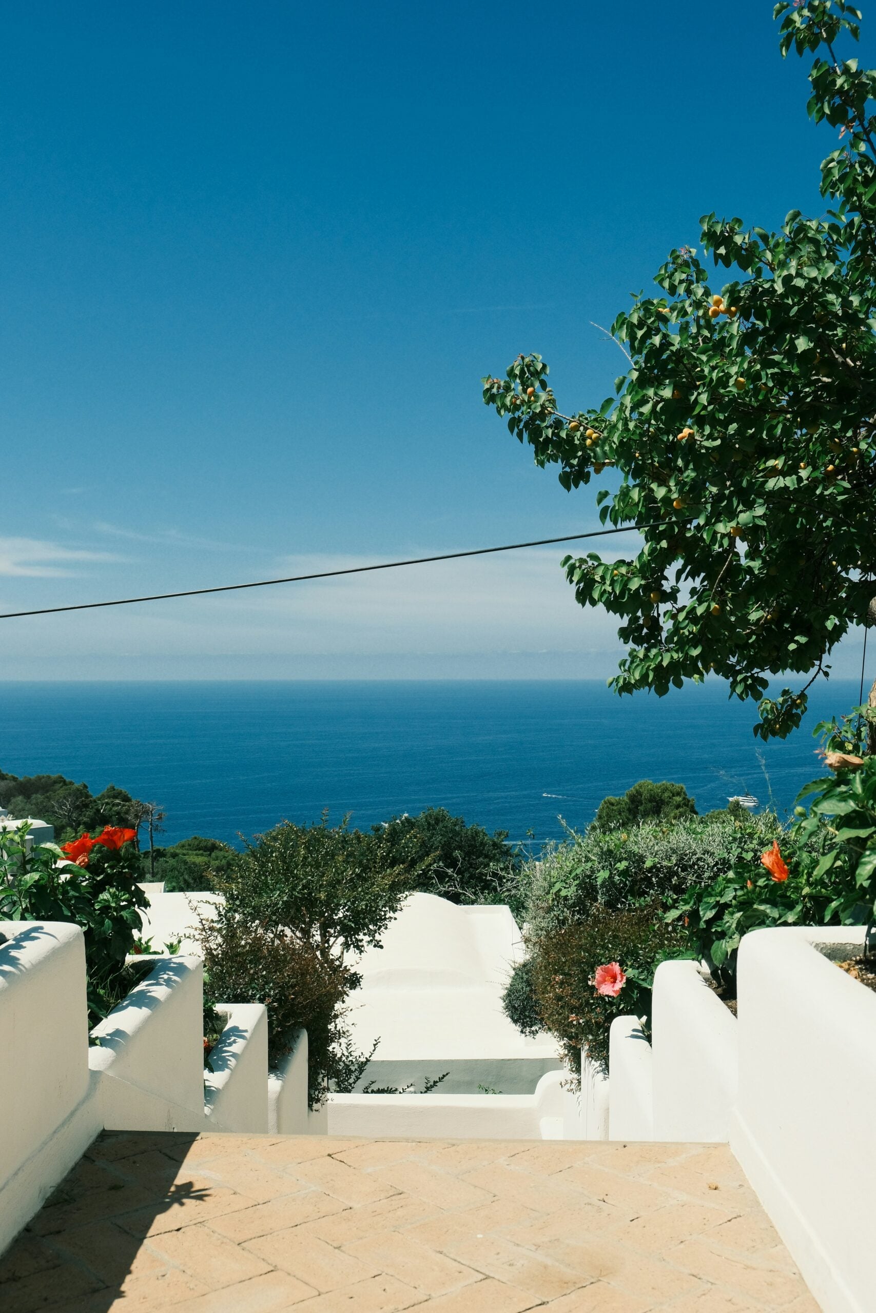 A scenic view of the Capri sea from the top of a terrace, capturing the essence of Capri Island, Italy. The terrace offers an elevated perspective of the vibrant blue waters of the Mediterranean Sea, framed by lush greenery and rugged cliffs. This picturesque scene highlights the serene beauty and tranquil ambiance of Capri, making it an ideal spot for relaxation and enjoying the island's breathtaking coastal landscape.