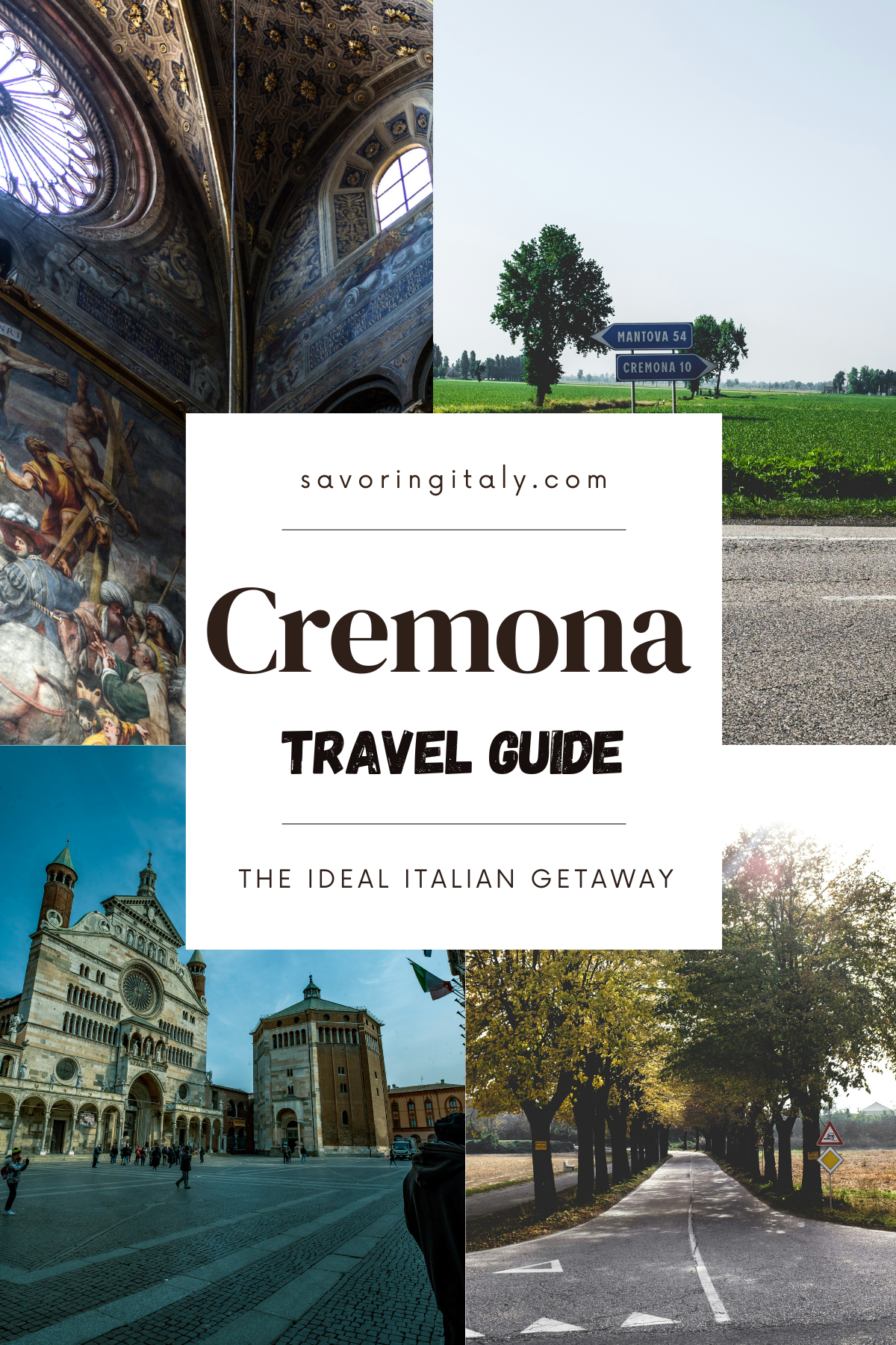 A vibrant photograph showcases a collage of four captivating images of Cremona, Italy, ideal for a travel guide. The main image highlights Cremona’s stunning architecture, with the iconic Torrazzo towering over the historic center. In the surrounding photos, the beautiful Violin Museum, serene River Po, and charming streets lined with cafes and shops capture the essence of Cremona, Italy. This visually appealing guide invites travelers to explore the rich cultural heritage and scenic beauty of Cremona, making it a must-visit destination in Italy.