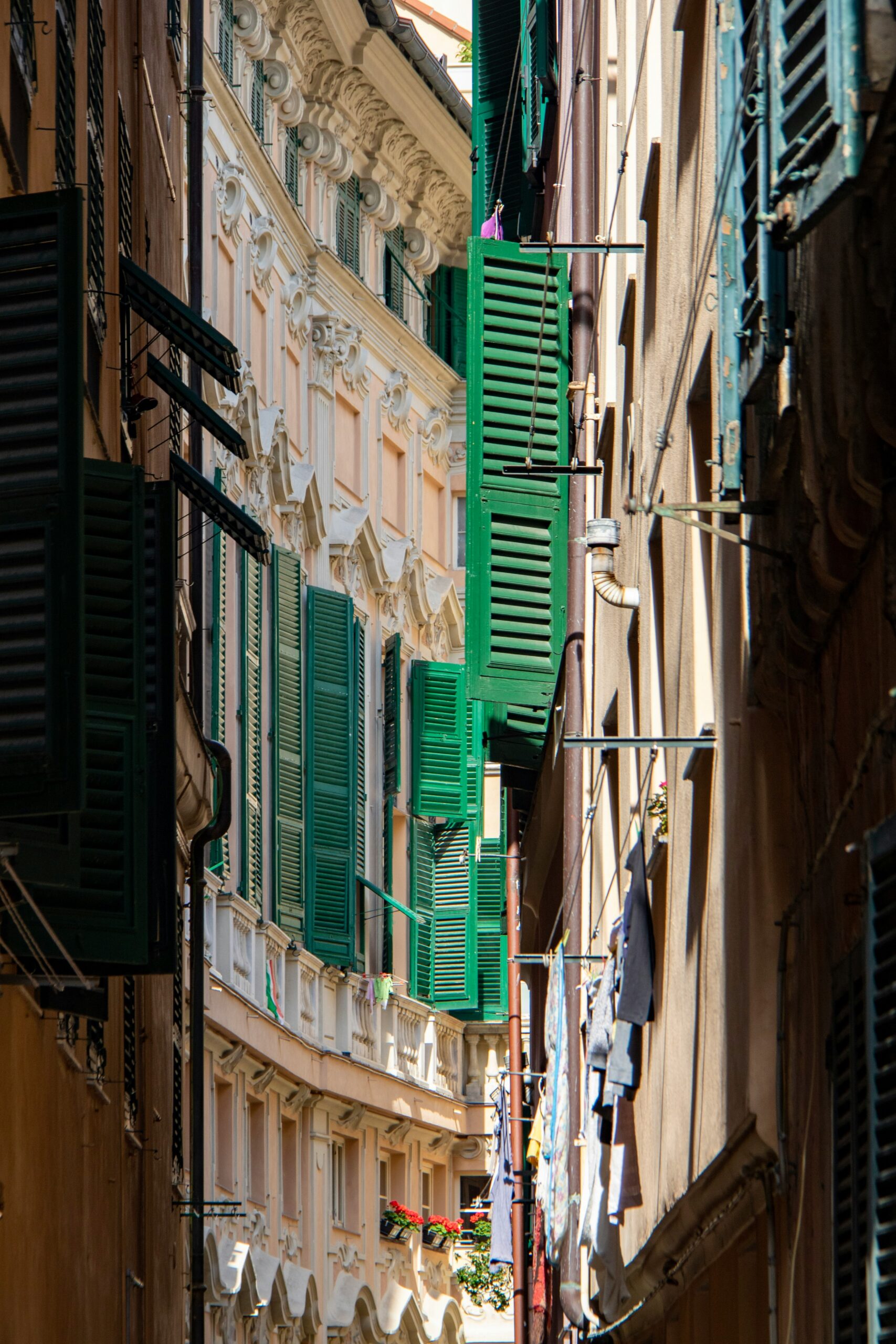 The photograph depicts a narrow residential street in Genoa, Italy, lined with charming buildings featuring traditional green shutters. The street is quiet and intimate, with the tall, closely packed buildings creating a cozy, enclosed atmosphere. The facades of the buildings are painted in warm, earthy tones, and the green shutters add a pop of color that stands out against the weathered walls. The cobblestone pathway below adds to the old-world charm of the scene, winding gently through the narrow passage. Potted plants and small balconies further enhance the inviting, lived-in feel of the street, capturing the essence of Genoa's historic residential neighborhoods.