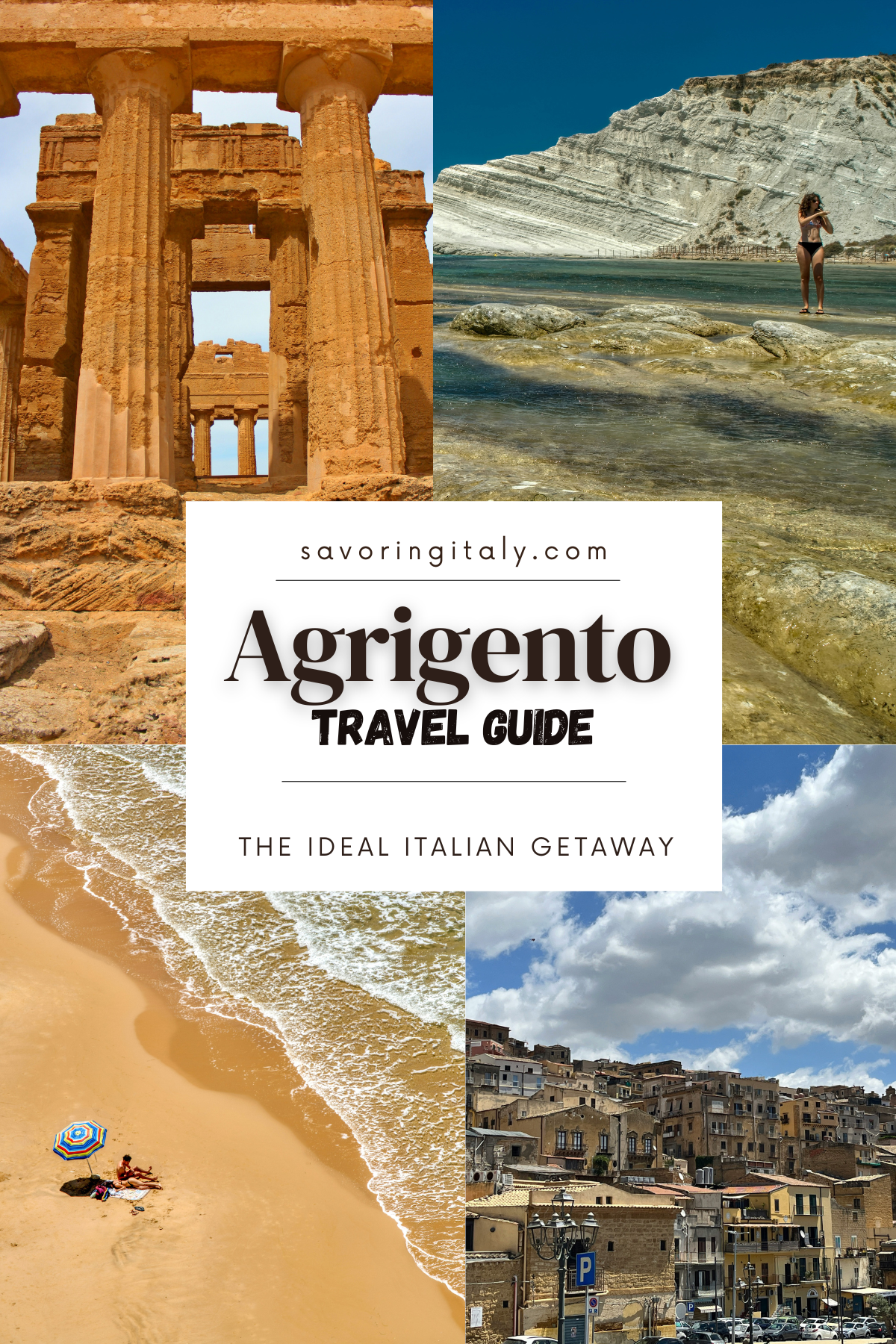 The main cover of the Agrigento Sicily travel guide showcases four captivating photographs representing the rich culture and history of the city. The images include the iconic Valley of the Temples, the stunning coastline, traditional Sicilian architecture, and local cuisine. The title "Agrigento Sicily" prominently features at the top, emphasizing the guide's focus on this beautiful Italian destination. This cover art effectively captures the essence of Agrigento Sicily, inviting travelers to explore its ancient ruins, breathtaking landscapes, and vibrant culture. Ideal for those seeking an authentic Sicilian experience, this travel guide is your perfect companion.





