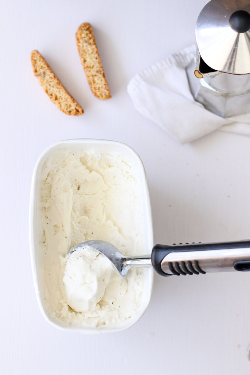 overhead image of ice cream in container. 
