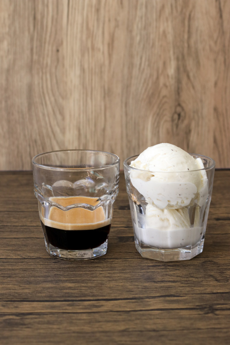 close up image of espresso and ice cream in glasses. 