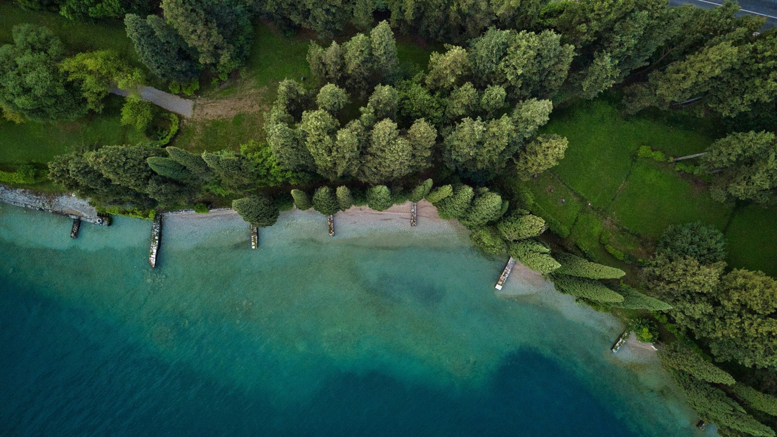 Aerial photograph of a lake in Brescia, Italy, showcasing lush green grass and tall trees surrounding the clear blue water. This scenic view captures the tranquil beauty of the area, emphasizing the vibrant natural colors and serene landscape, perfect for those seeking a picturesque escape into nature in the Province of Brescia.