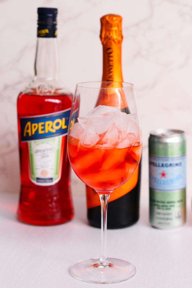 close up image of aperol spritz ingredients.