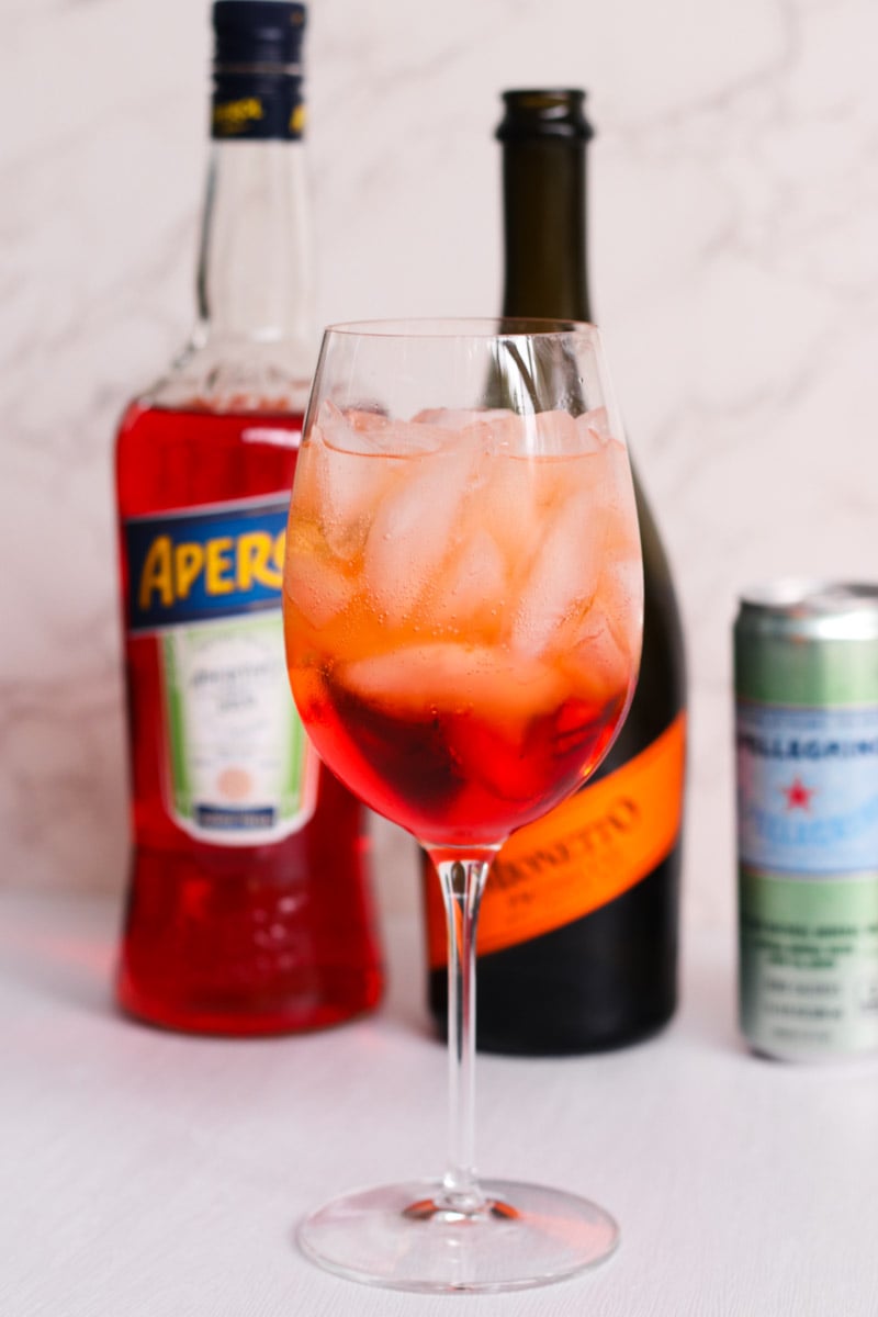 close up image of aperol spritz ingredients.