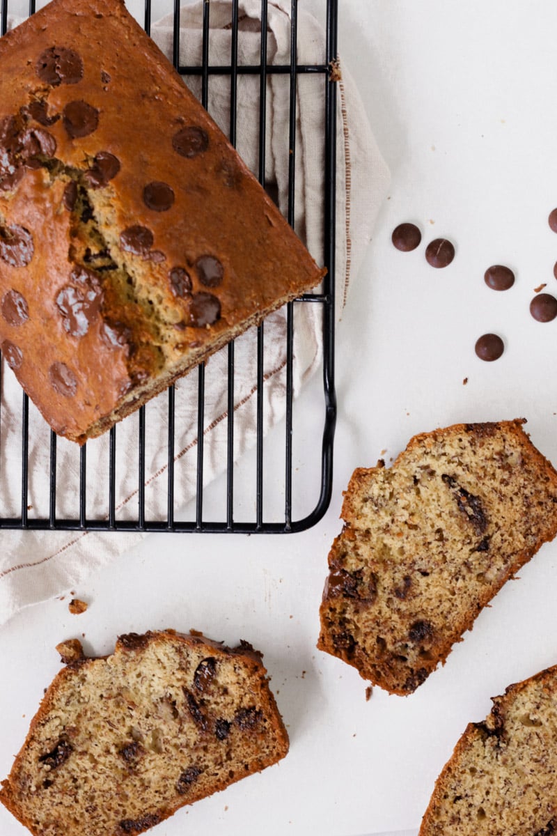 overhead image of sliced banana bread.