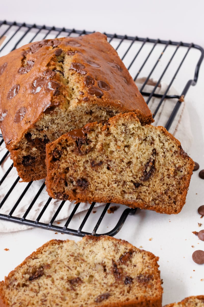 close up image of sliced banana bread.