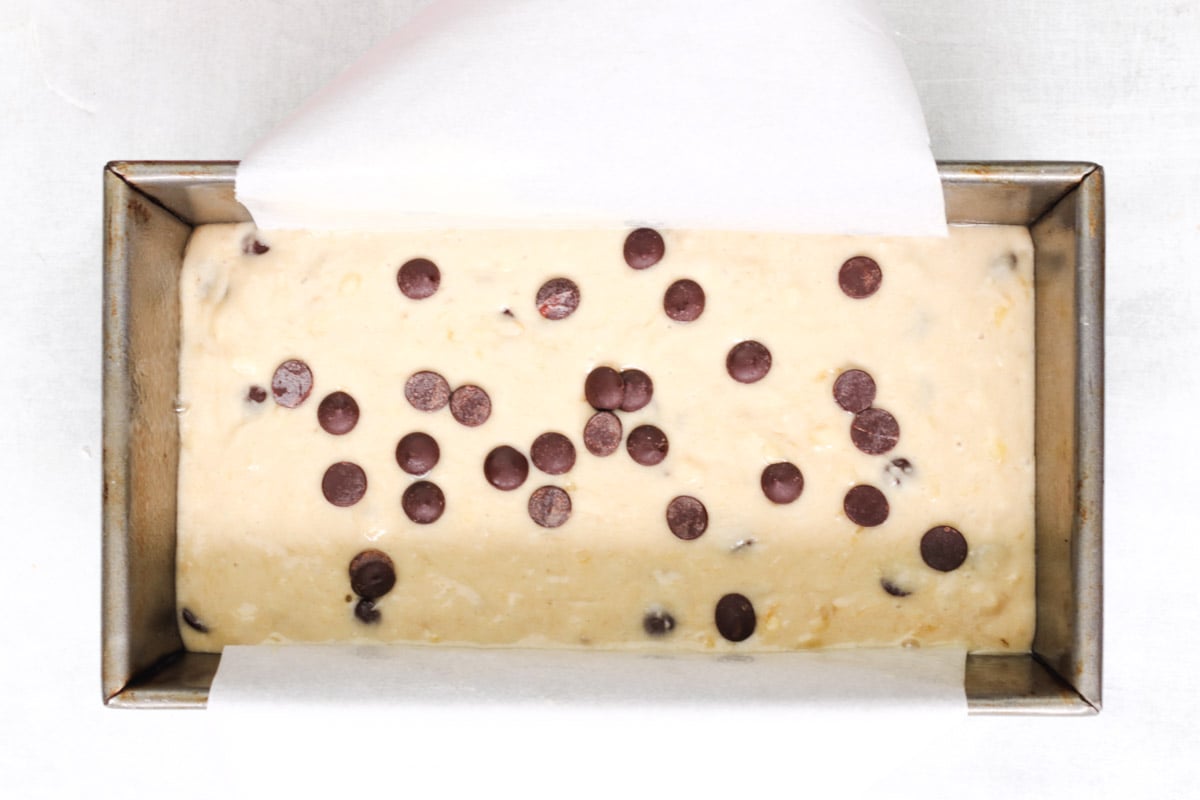 image of banana bread batter in a baking pan.