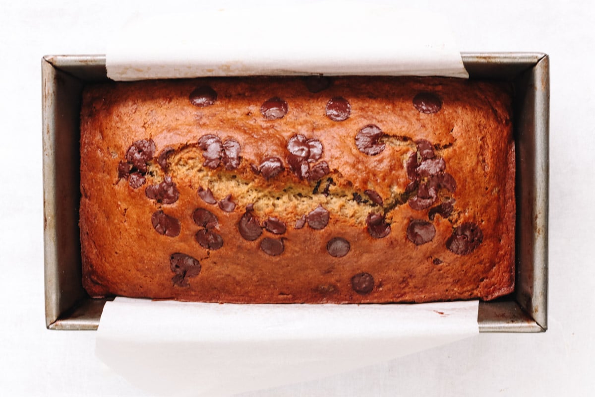 overhead image of banana bread in a baking pan.