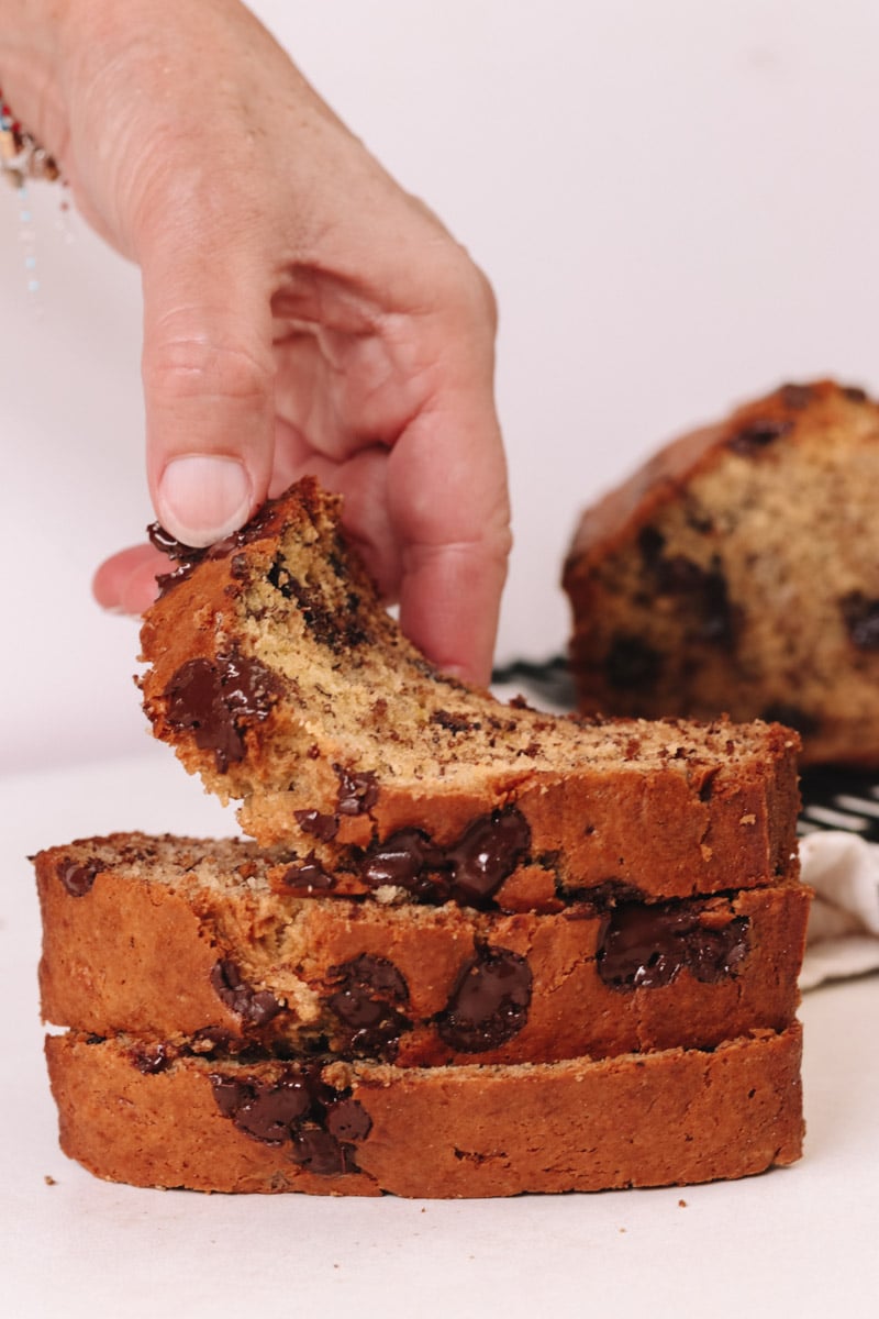 close up image of slice of banana bread.