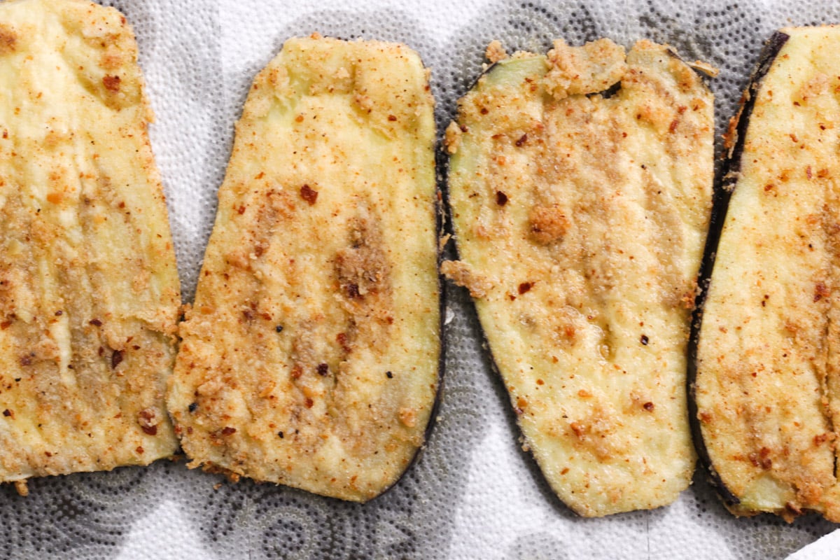 fried eggplant slices for Eggplant Parmigiana.