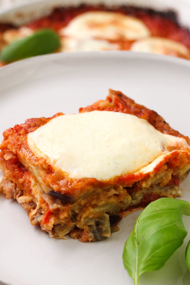 cloes up image of a piece of eggplant Parmigiana.
