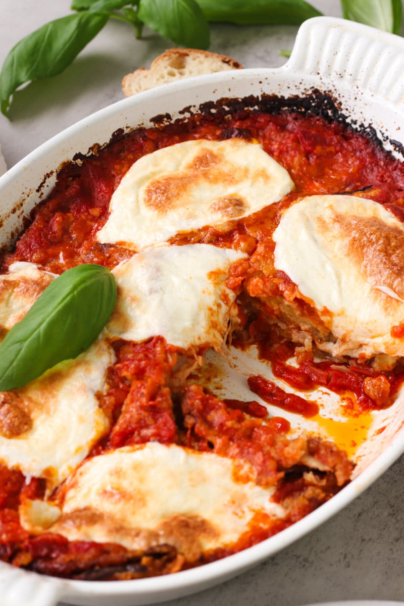 close up image of Parmigiana di Melanzane (Traditional Eggplant Parmigiana).